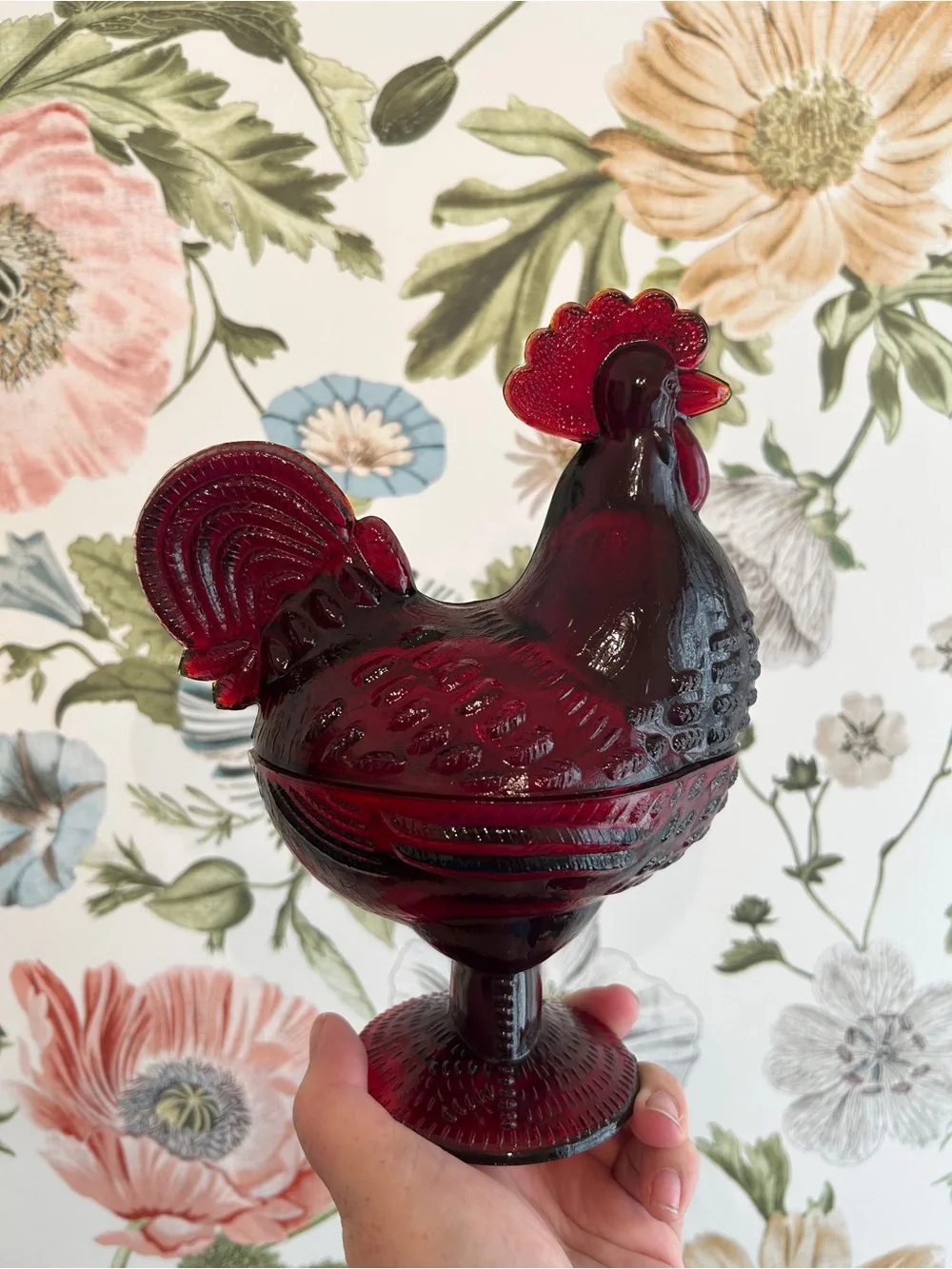 Ruby Red Glass Rooster Covered Dish Farmhouse Kitchen Decor Candy Trinket Box